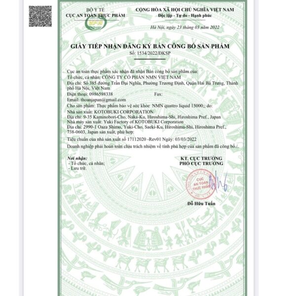 Giấy chứng nhận sản phẩm NMN Quatro Liquid 15000